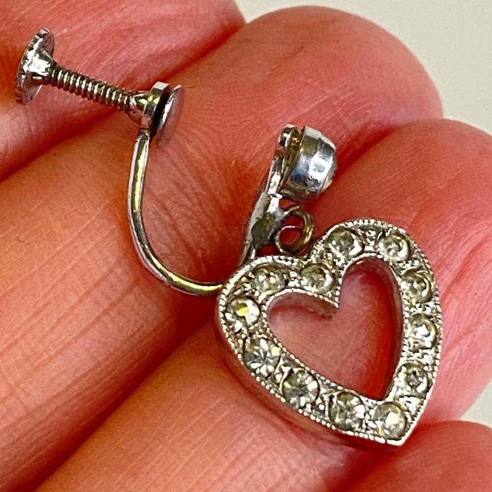 Vintage Sterling‎ Silver Rhinestone Heart Screw Back Earrings Romantic Bridal